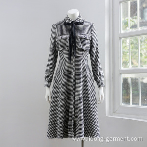 Women Casual Black-and-white Checked Long-sleeved Dress